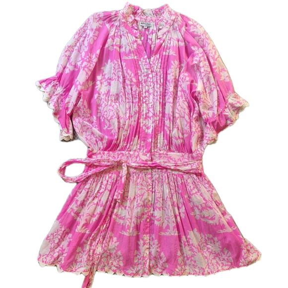 Juliet Dunn Blouson Mini Dress Women 4 US 10 Pink Button Front Embroidery Trim - Picture 1 of 11